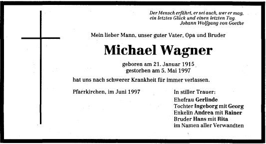 Wagner Michael 1915-1997 Todesanzeige